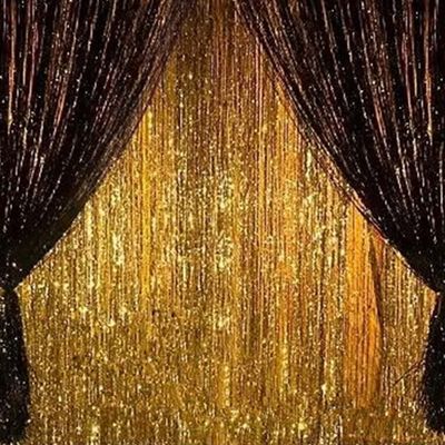 4 Pack Black Gold Foil Fringe Curtain Backdrop 3.2 x 8.2 Ft Metallic Tinsel Streamers with Adhesive Back Shimmer Party Background for Birthday Graduation New Year Halloween Wedding Photo Booth Decor