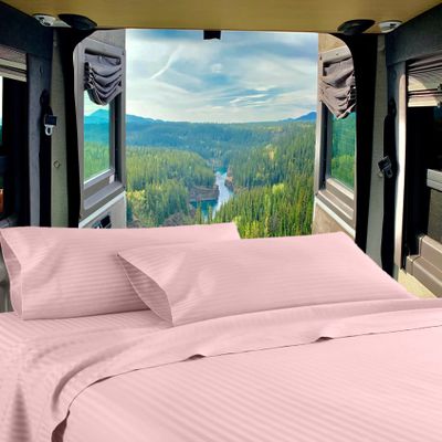 Mr Pandaa RV Twin 28 X 75 Sheet Set 400 Thread-Count 100% Egyptian Soft Cotton Made for RV, Camper, Boat & Motorhomes, Soft-Luxury-Breathable 8-Inch Deep Pockets 4-PC RV-Sheets - Pink Stripe