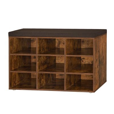 DINZI LVJ Shoe Storage Bench with Cushion, Cubby Rack with 9 Cubbies, Adjustable Shelves, Multifunctional Organizer Bench for Entryway, Mudroom, Hallway, Closet and Garage, Rustic Brown