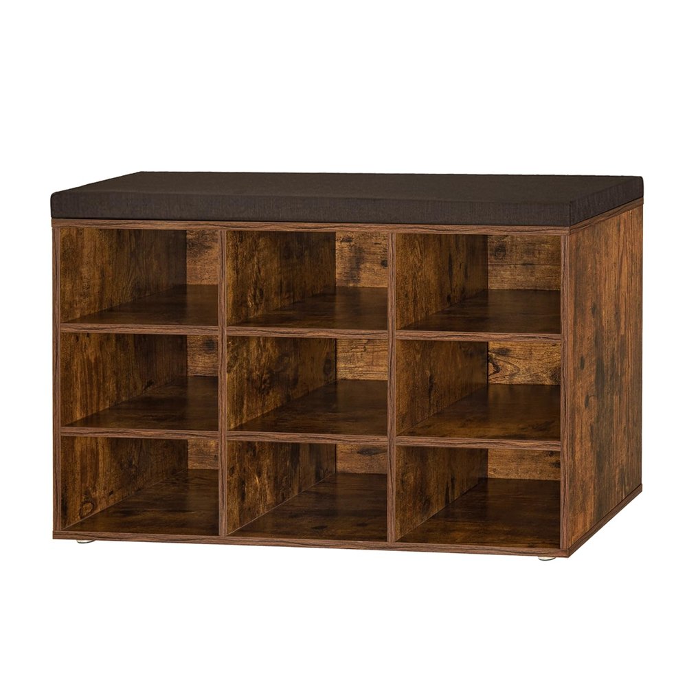 DINZI LVJ Shoe Storage Bench with Cushion, Cubby Rack with 9 Cubbies, Adjustable Shelves, Multifunctional Organizer Bench for Entryway, Mudroom, Hallway, Closet and Garage, Rustic Brown