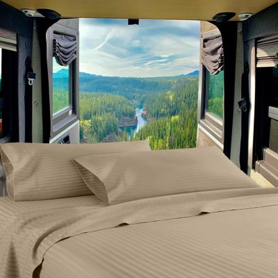 Mr Pandaa RV Twin 28 X 75 Sheet Set 400 Thread-Count 100% Egyptian Soft Cotton Made for RV, Camper, Boat & Motorhomes, Soft-Luxury-Breathable 8-Inch Deep Pockets 4-PC RV-Sheets - Taupe Stripe