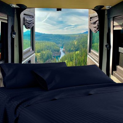 RV Twin 28 X 75 Sheet Set 400 Thread-Count 100% Egyptian Soft Cotton Made for RV, Camper, Boat & Motorhomes, Soft-Luxury-Breathable 8-Inch Deep Pockets 4-PC RV-Sheets - Navy Blue Stripe