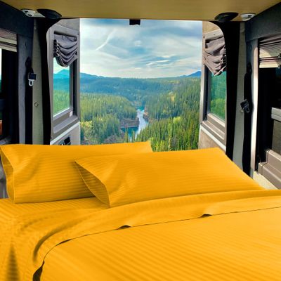 RV Twin 28 X 75 Sheet Set 400 Thread-Count 100% Egyptian Soft Cotton Made for RV, Camper, Boat & Motorhomes, Soft-Luxury-Breathable 8-Inch Deep Pockets 4-PC RV-Sheets - Golden Stripe