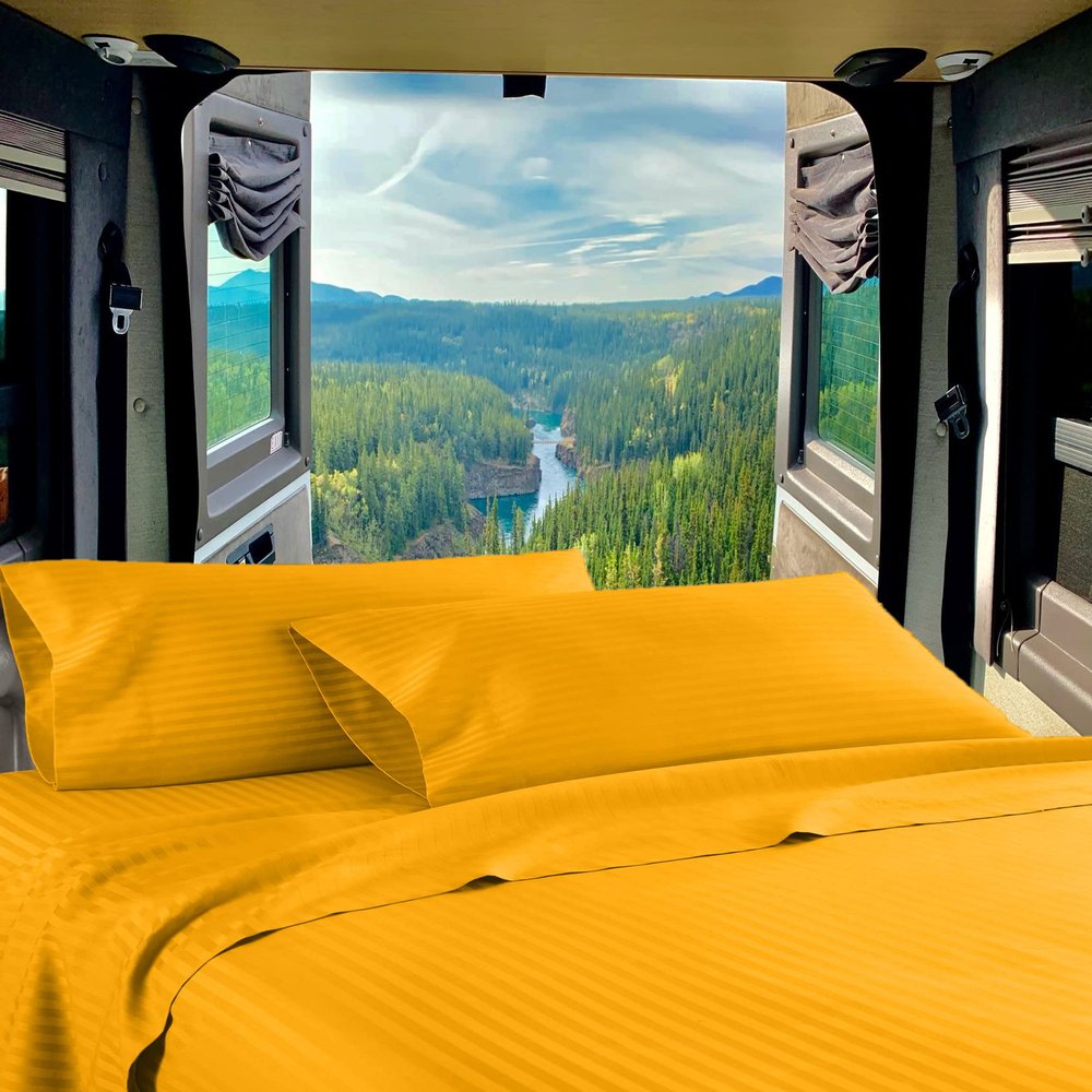 RV Twin 28 X 75 Sheet Set 400 Thread-Count 100% Egyptian Soft Cotton Made for RV, Camper, Boat & Motorhomes, Soft-Luxury-Breathable 8-Inch Deep Pockets 4-PC RV-Sheets - Golden Stripe