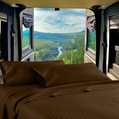 RV Twin 28 X 75 Sheet Set 400 Thread-Count 100% Egyptian Soft Cotton Made for RV, Camper, Boat & Motorhomes, Soft-Luxury-Breathable 8-Inch Deep Pockets 4-PC RV-Sheets - Chocolate Stripe