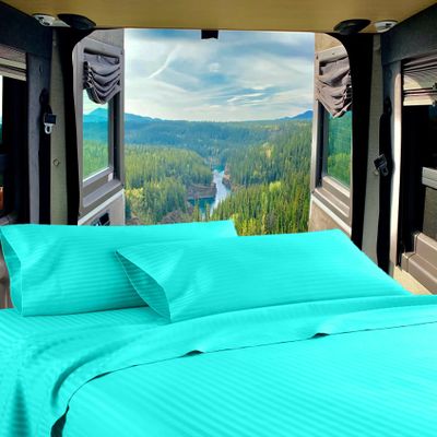 RV Twin 28 X 75 Sheet Set 400 Thread-Count 100% Egyptian Soft Cotton Made for RV, Camper, Boat & Motorhomes, Soft-Luxury 8-Inch Deep Pockets 4-PC RV-Sheets - Turquoise Blue Stripe