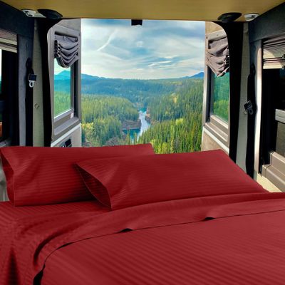 Mr Pandaa RV Twin 28 X 75 Sheet Set 400 Thread-Count 100% Egyptian Soft Cotton Made for RV, Camper, Boat & Motorhomes, Soft-Luxury-Breathable 8-Inch Deep Pockets 4-PC RV-Sheets - Burgundy Stripe