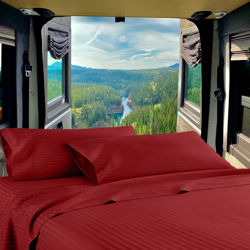 Mr Pandaa RV Twin 28 X 75 Sheet Set 400 Thread-Count 100% Egyptian Soft Cotton Made for RV, Camper, Boat & Motorhomes, Soft-Luxury-Breathable 8-Inch Deep Pockets 4-PC RV-Sheets - Burgundy Stripe