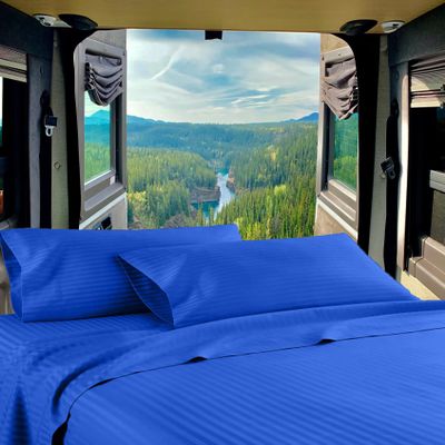 Mr Pandaa RV Twin 28 X 75 Sheet Set 400 Thread-Count 100% Egyptian Soft Cotton Made for RV, Camper, Boat & Motorhomes, Soft-Luxury-Breathable 8-Inch Deep Pockets 4-PC RV-Sheets - Royal Blue Stripe