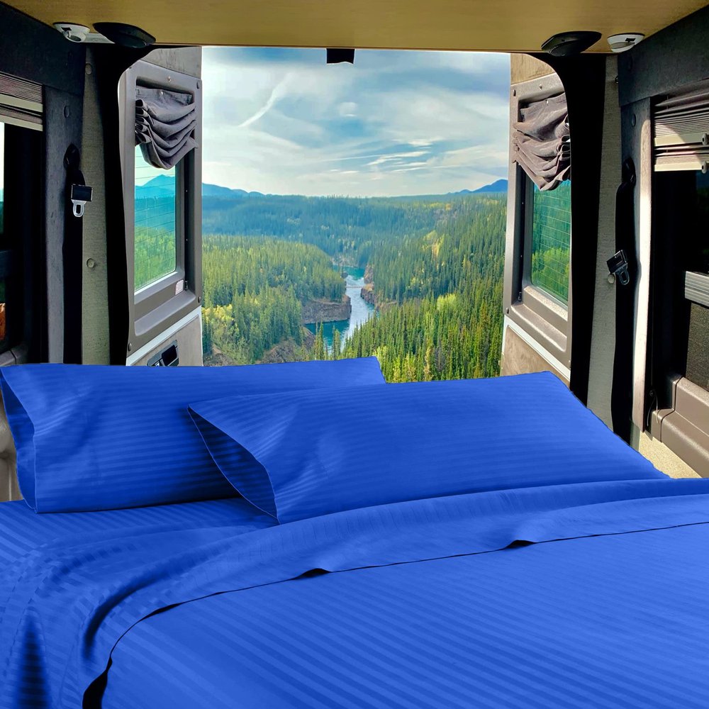 Mr Pandaa RV Twin 28 X 75 Sheet Set 400 Thread-Count 100% Egyptian Soft Cotton Made for RV, Camper, Boat & Motorhomes, Soft-Luxury-Breathable 8-Inch Deep Pockets 4-PC RV-Sheets - Royal Blue Stripe