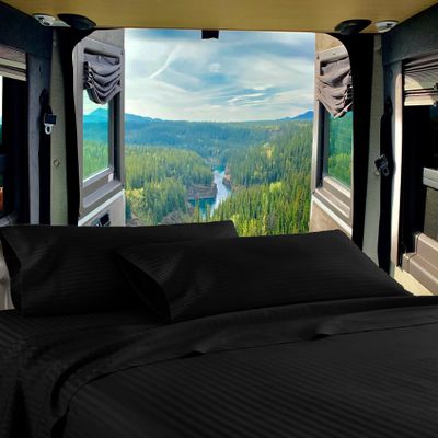 Mr Pandaa RV Twin 28 X 75 Sheet Set 400 Thread-Count 100% Egyptian Soft Cotton Made for RV, Camper, Boat & Motorhomes, Soft-Luxury-Breathable 8-Inch Deep Pockets 4-PC RV-Sheets - Black Stripe
