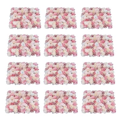 12 PCS Artificial Flowers Wall Decoration 24" x 16" Decorative Rose Hydrangea Flower Panels Flower Wall for Home Party Wedding Christmas Festival Photo Backgdrop Decor (12 Pcs, Pink+Yellow)