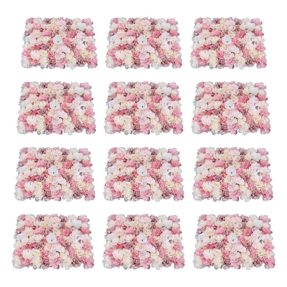 12 PCS Artificial Flowers Wall Decoration 24" x 16" Decorative Rose Hydrangea Flower Panels Flower Wall for Home Party Wedding Christmas Festival Photo Backgdrop Decor (12 Pcs, Pink+Yellow)