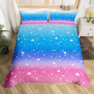 Erosebridal Girls Rainbow Stars Comforter Cover Queen,Pink Blue Pastel Ombre Bedding Set,Glitter Galaxy Comforter Cover Cute Room Decor,Sparkle Twinkle Starlight Bedspread Cover with 2 Pillow Cases