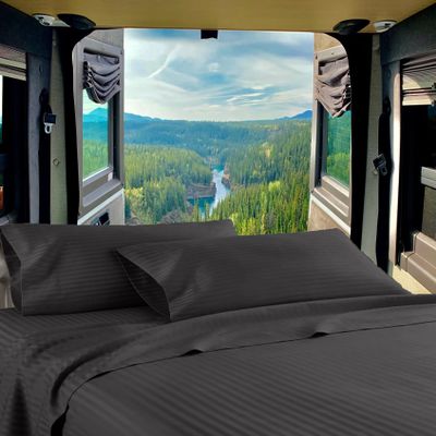 Mr Pandaa RV Twin 28 X 75 Sheet Set 400 Thread-Count 100% Egyptian Soft Cotton Made for RV, Camper, Boat & Motorhomes, Soft-Luxury-Breathable 8-Inch Deep Pockets 4-PC RV-Sheets - Dark Grey Stripe