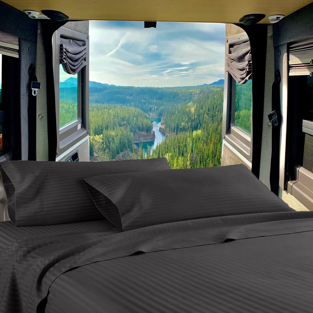 Mr Pandaa RV Twin 28 X 75 Sheet Set 400 Thread-Count 100% Egyptian Soft Cotton Made for RV, Camper, Boat & Motorhomes, Soft-Luxury-Breathable 8-Inch Deep Pockets 4-PC RV-Sheets - Dark Grey Stripe