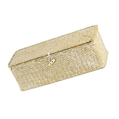 Cabilock Straw Woven Storage Basket with Lid 12.6 Inch Desktop Sundries Organizer for Cosmetics Home Office Bedroom Decor
