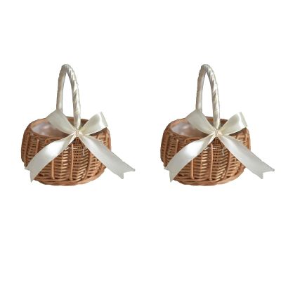 Firlar 5.9x3.14 Inch White Rattan Flower Basket Set of 2, Portable Handmade Wedding Flower Girl Baskets, Woven Storage Bins, DIY Craft Decor
