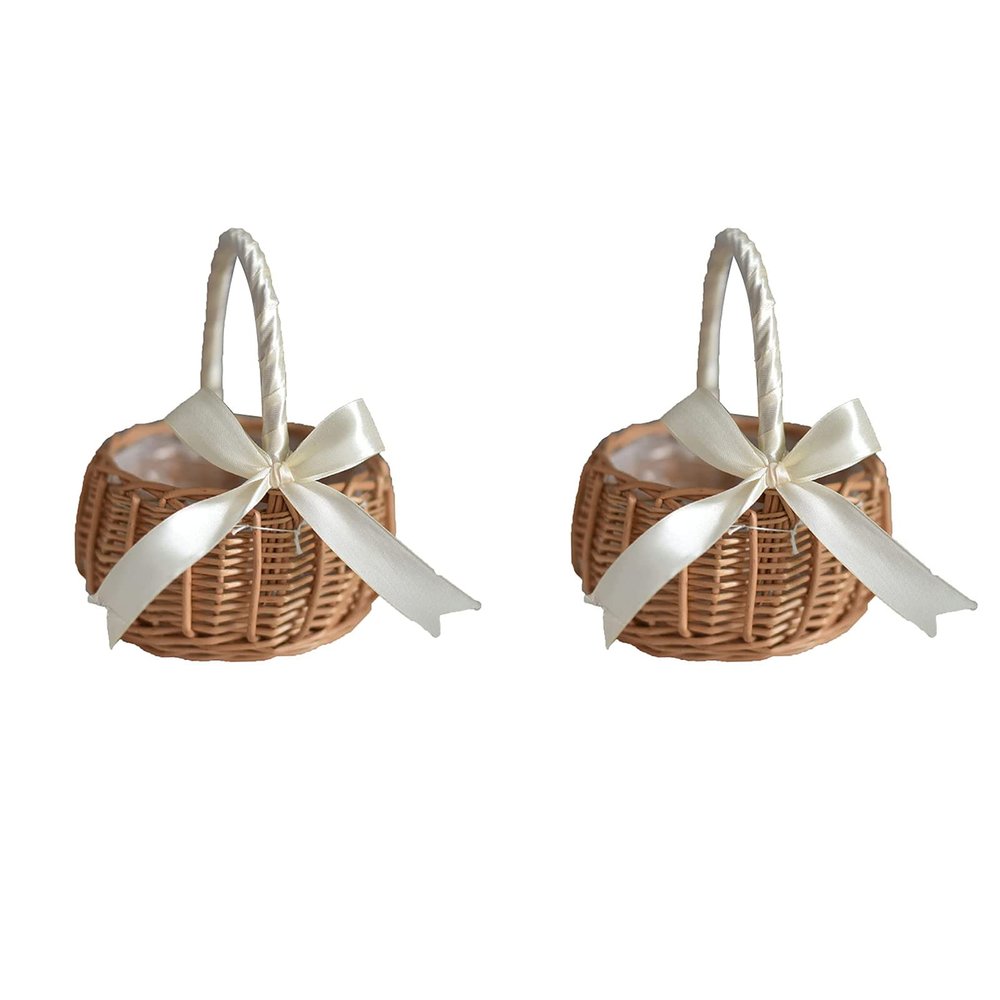 Firlar 5.9x3.14 Inch White Rattan Flower Basket Set of 2, Portable Handmade Wedding Flower Girl Baskets, Woven Storage Bins, DIY Craft Decor
