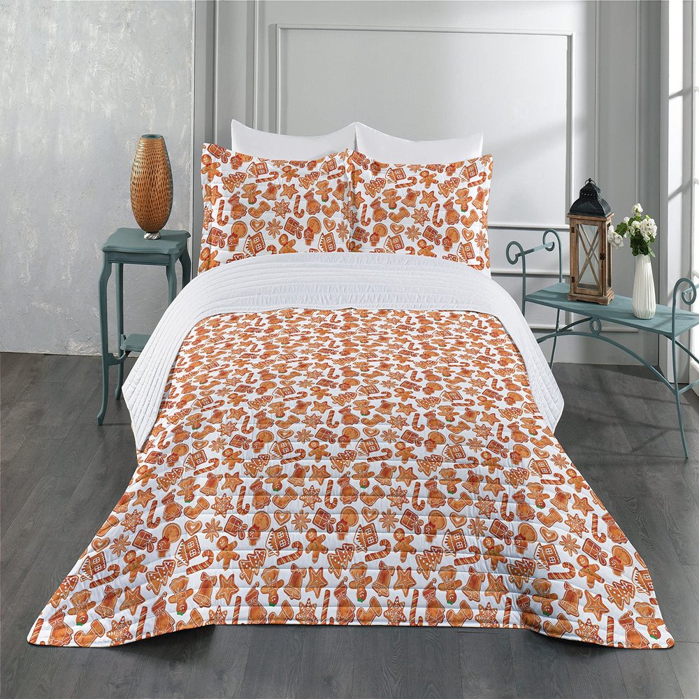 Ambesonne Christmas Microfiber Bedspread Set, Gingerbread Man House Cones Xmas Cookie Celebration Theme, Soft Bedding Set with Pillow Shams & Comforter, King Size, Pale Brown and White
