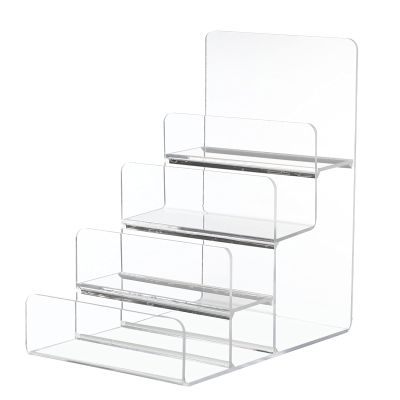 Hemoton Transparent Acrylic Wallet Display Stand Handbag Purse Display Stand Retail Store Holder Shelf Cosmetic Display Racks Glasses Shelf Trapezoidal Storage Rack, 4 Tiers