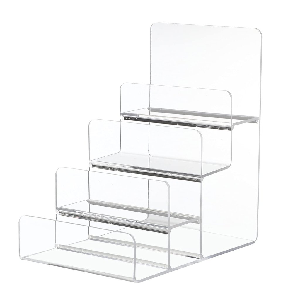 Hemoton Transparent Acrylic Wallet Display Stand Handbag Purse Display Stand Retail Store Holder Shelf Cosmetic Display Racks Glasses Shelf Trapezoidal Storage Rack, 4 Tiers