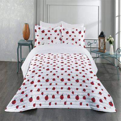 Ambesonne Ladybugs Microfiber Bedspread Set, Ladybug Dotted Wings Swirls and Curves Pattern Animal, Soft Bedding Set with Pillow Shams & Comforter, Queen Size, White Black
