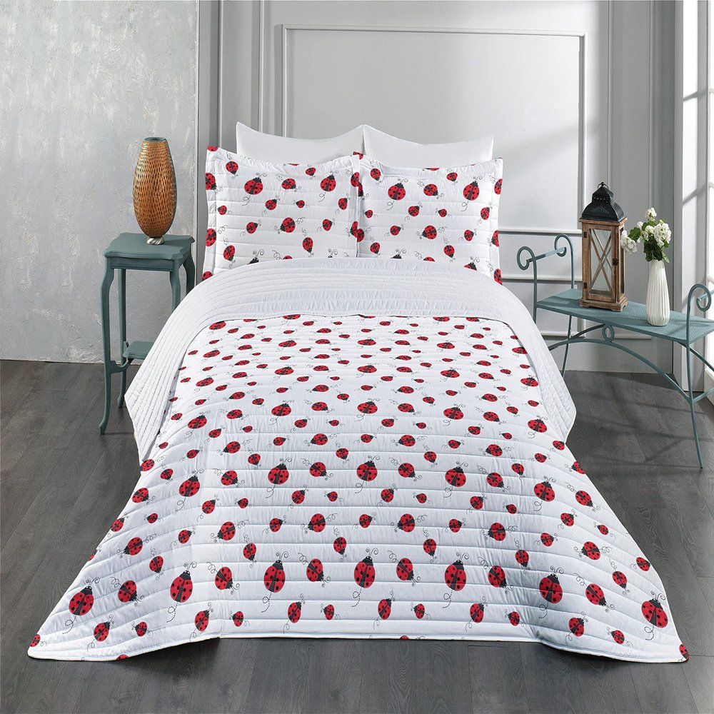 Ambesonne Ladybugs Microfiber Bedspread Set, Ladybug Dotted Wings Swirls and Curves Pattern Animal, Soft Bedding Set with Pillow Shams & Comforter, Queen Size, White Black
