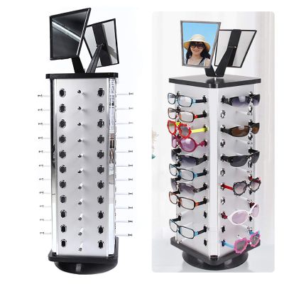CNCEST Sunglasses Rack,360 Rotating Sunglass Display Rack 44 Pairs Glass Holder Freestanding w/ Mirror for Retail Display Commercial Eyewear Glasses Holder Sunglasses Organizer Stands Rack