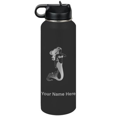 LaserGram Personalized Water Bottle, Mermaid, Stainless Steel Double Wall Vacuum Insulated with Flip Top Straw, Custom Engraved Gift (40oz / 1180ml Black)