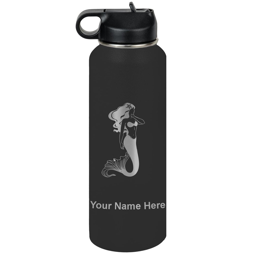 LaserGram Personalized Water Bottle, Mermaid, Stainless Steel Double Wall Vacuum Insulated with Flip Top Straw, Custom Engraved Gift (40oz / 1180ml Black)