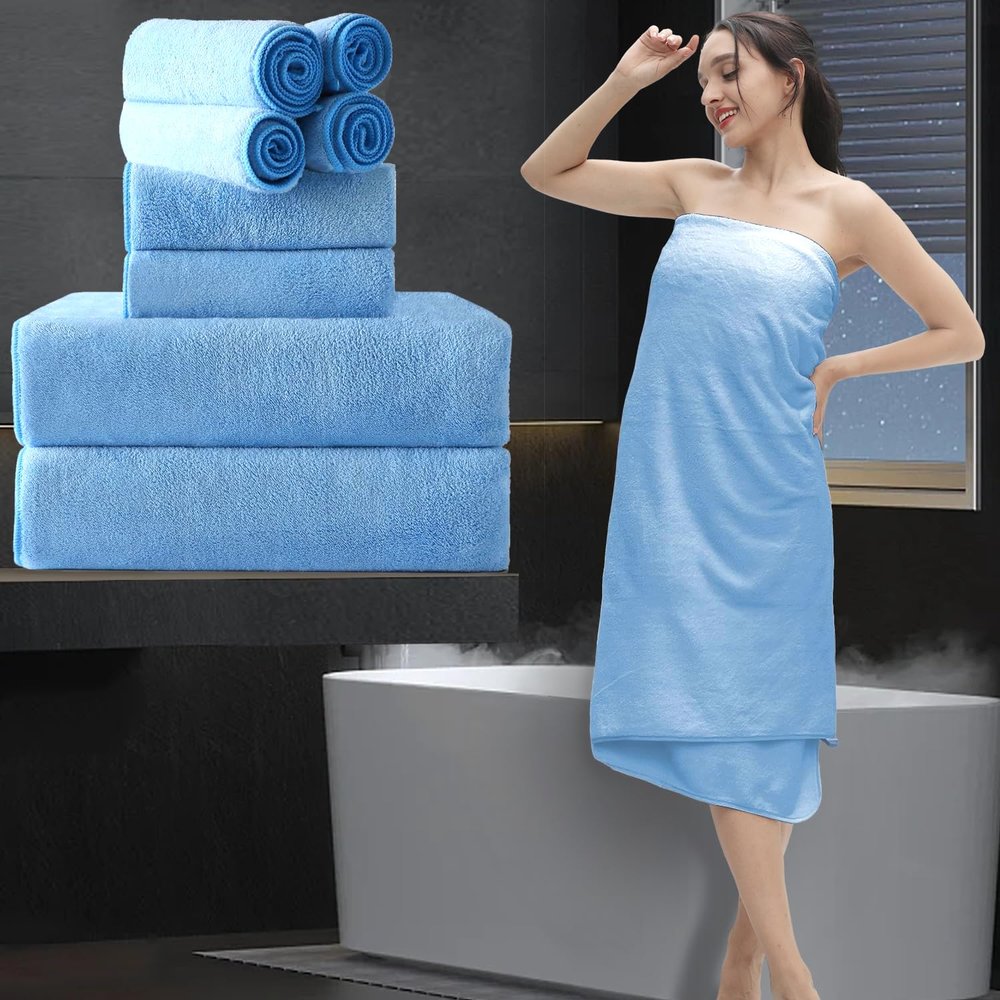 8 Piece Bathroom Towel Set|2 Oversized Large Bath Towel Sheet,2 Hand Towels,4 Washcloths|Ultra Soft Microfiber Towel Set for Bathroom Hotel,Highly Absorbent Quick Dry Bath Towel Collections,Blue