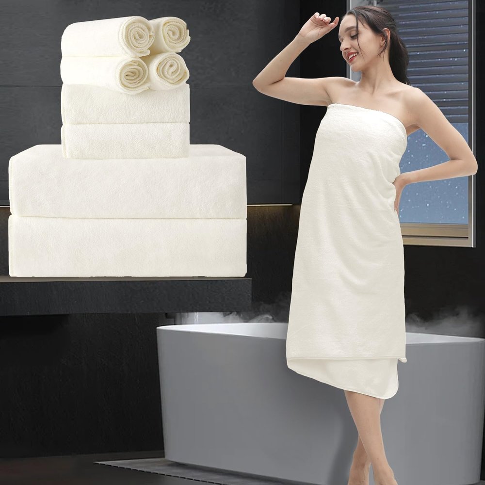 8 Piece Bathroom Towel Set|2 Oversized Large Bath Towels Sheet,2 Hand Towels,4 Washcloths|Ultra Soft Microfiber Towel Set for Bathroom Hotel,Highly Absorbent Quick Dry Bath Towel Collections,Cream
