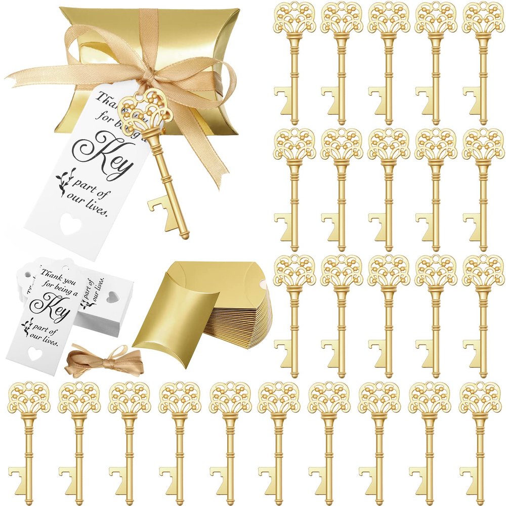 100 Sets Vintage Key Bottle Opener Wedding Favors, Wedding Party Souvenir Gift for Guests with Thank You Tag Card Pillow Candy Box and Satin Ribbon (Gold)