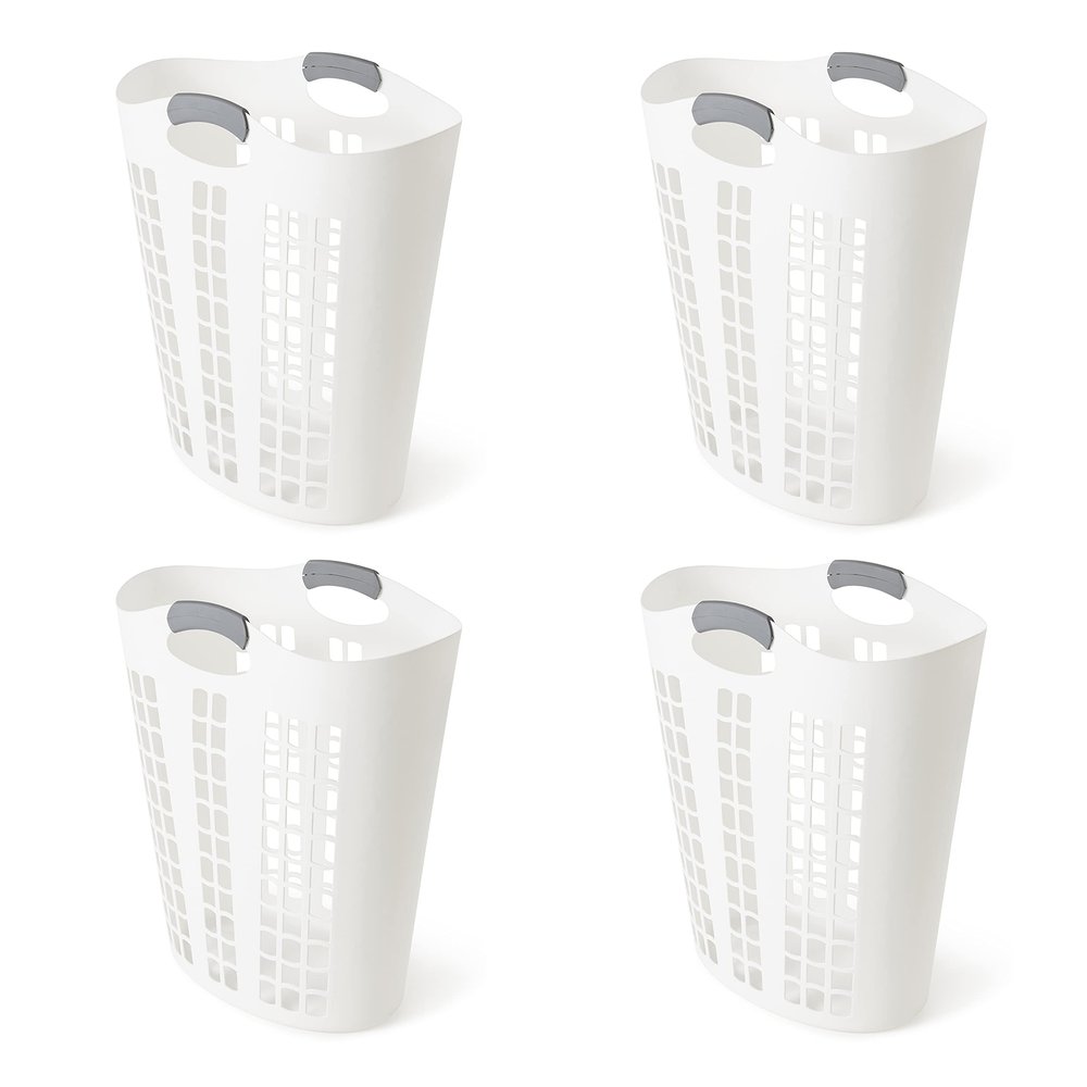 Gracious Living Easy Carry Flex Hamper, Large 87.5 Liter Lightweight Plastic Ventilated Laundry Basket Clothes Bin with Handles, White (4 Pack)