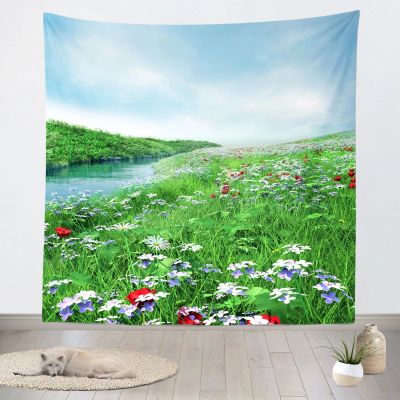 CORFOTO Wonderland Tapestry Wall Hanging Flowers Green Grass Lawn Prairie River Tapestries for Photography Backdrop Wall Picture Bedroom Aesthetic Living Room Dorm Home Decor 60Wx60H inches Fabric