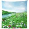 CORFOTO Wonderland Tapestry Wall Hanging Flowers Green Grass Lawn Prairie River Tapestries for Photography Backdrop Wall Picture Bedroom Aesthetic Living Room Dorm Home Decor 60Wx60H inches Fabric view 3