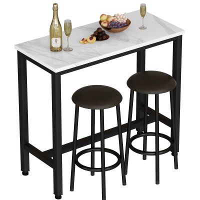 AWQM 39.3" Bar Table Set of 2,Faux Marble Pub Height Table and Chairs Set of 2 with Upholstered Stools,3 Piece Bar Table and Chairs Set Dining Table Set for Living Room,Kitchen,Bar,White & Brown