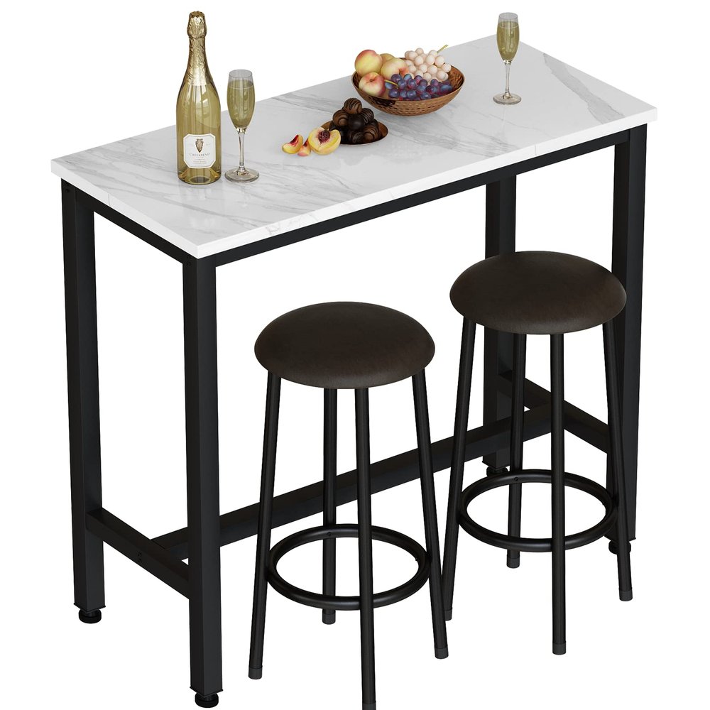 AWQM 39.3" Bar Table Set of 2,Faux Marble Pub Height Table and Chairs Set of 2 with Upholstered Stools,3 Piece Bar Table and Chairs Set Dining Table Set for Living Room,Kitchen,Bar,White & Brown