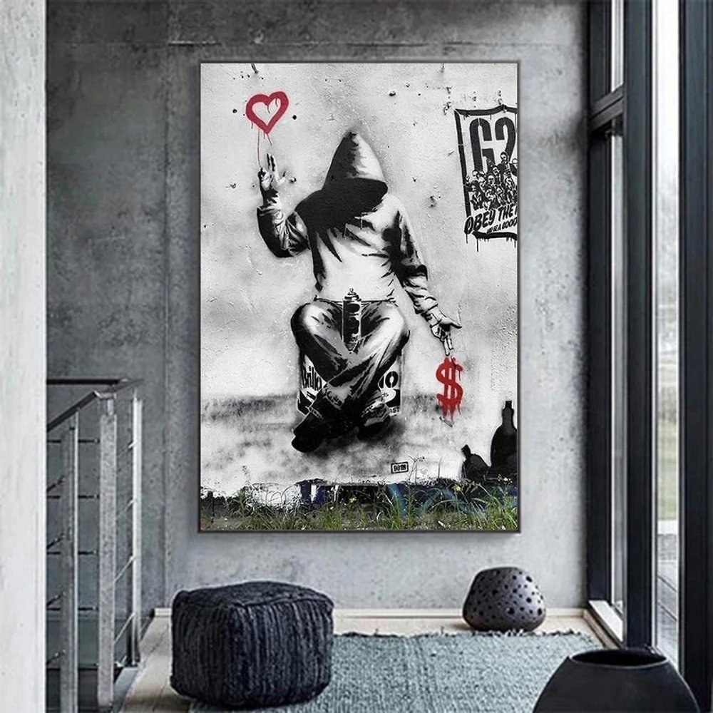XIANGPEIFBH Banksy Love Over Money Canvas Paintings Posters and Modern Prints Wall Art Pictures Industrial Style Living Room Decor 60x110cm(24''x43'') Unframed