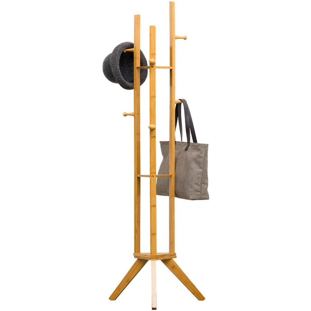 XXZY Floor Coat Rack 2 in 1 Bamboo Coat Rack,Wooden Free Standing Coat Stand, Storage Rack 6 Hooks and 3 Storage Shelves for Clothes, Hat, Bag Practical and Perfect Decoration