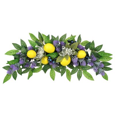 23.6 Inch Artificial Lemon Swag, Decorative Fruit Swag with Lavender, Yellow Lemon & Green Leaves, Spring Summer Floral Swag Door Swag for Front Door Wall Window Wedding Home Decor