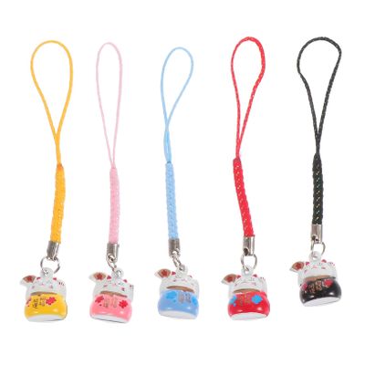 5pcs Maneki Keychains Mini Cute Lucky Cat Figurine Bell Ornament Lucky Fortune Cat Bag Purse Charms DIY for Phone Car Interior Hanging Decorations