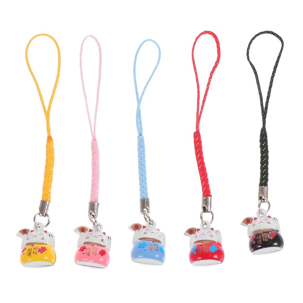 5pcs Maneki Keychains Mini Cute Lucky Cat Figurine Bell Ornament Lucky Fortune Cat Bag Purse Charms DIY for Phone Car Interior Hanging Decorations