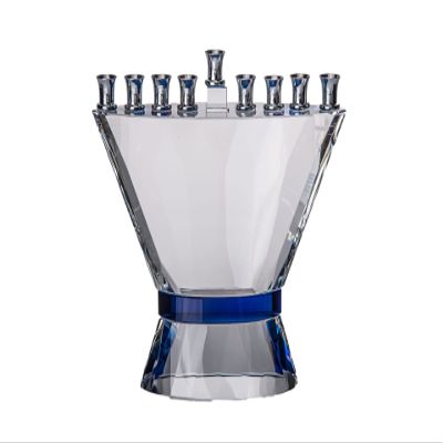 (D) Blue Belt Crystal Menorah Judaica Hanukkah Decorative Item 6.5 Inch