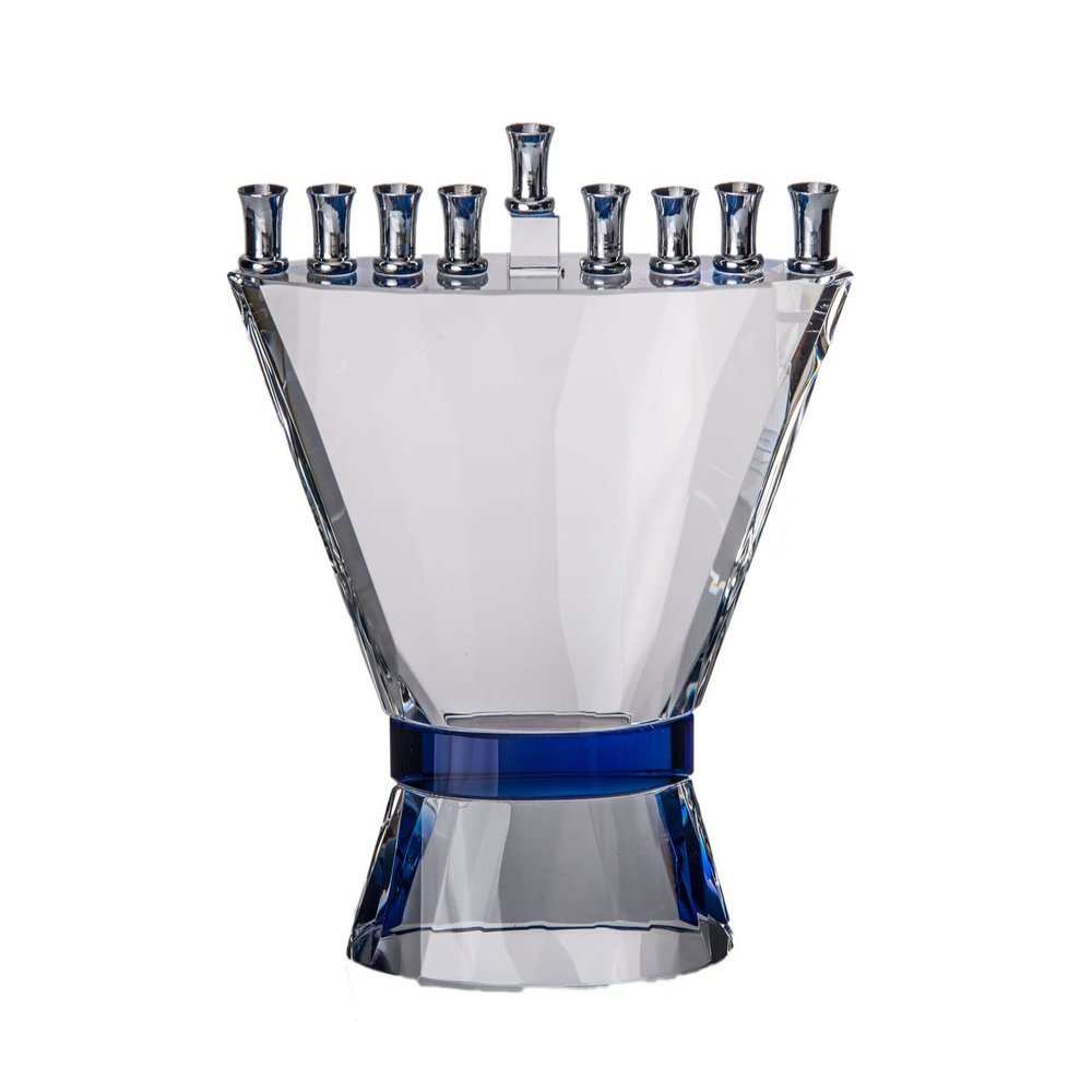 (D) Blue Belt Crystal Menorah Judaica Hanukkah Decorative Item 6.5 Inch