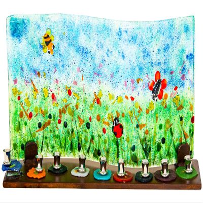 (D) Glass Menorah in Blue and Green Judaica Holiday Decor 12'' for Home