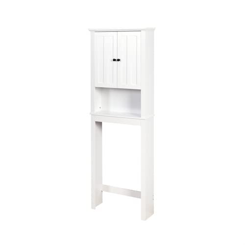 Bathroom Over The Toilet Storage Cabinet, 3-Tier Shelves Adjustable Organizer Tall Free Standing Rack with 2 Doors White