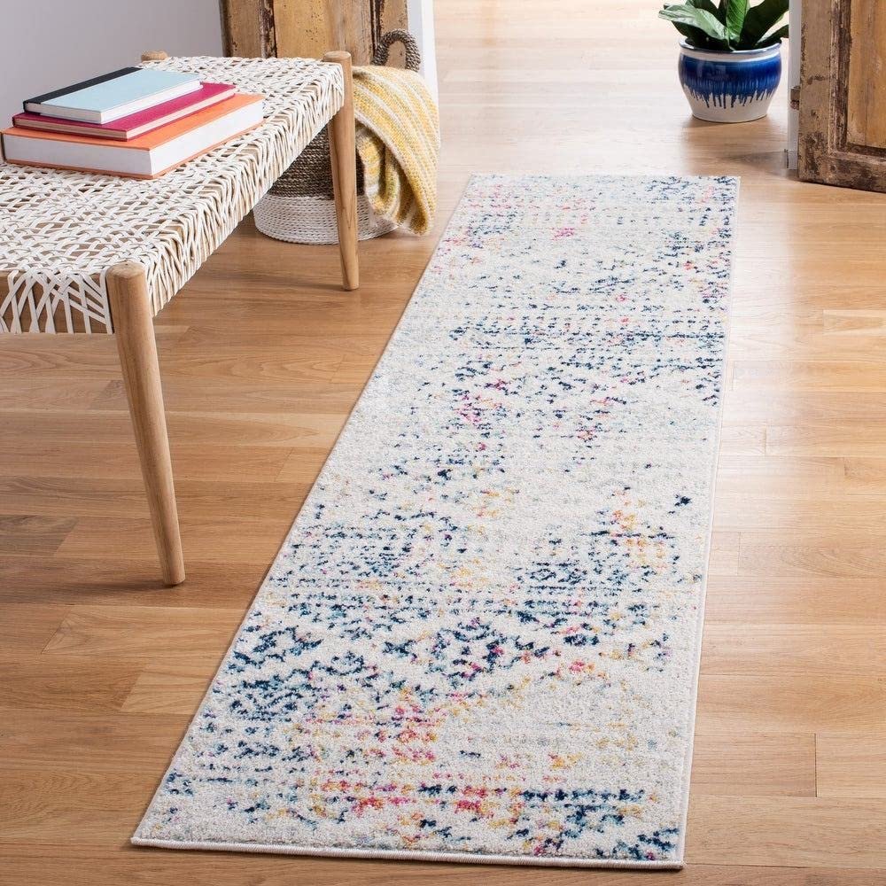 1 Piece Ivory White Rug 12' x 18' Size 0.25-0.5 inch Pile Height Rectangular Shape Geometric Pattern Machine-Made Navy Blue Shade | Soft Indoor Use Bohemian & Eclectic Style Polypropylene Material