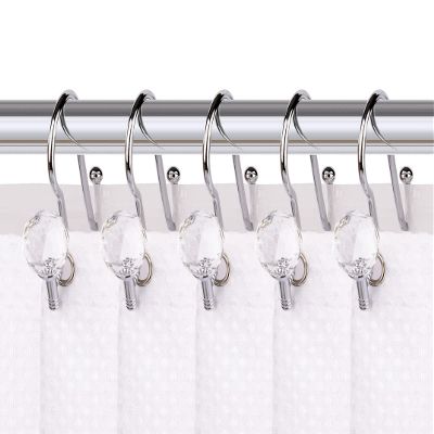 Utopia Alley HK18SS Polished Chrome Rustproof Zinc Double Shower Curtain Shower Hooks for Bathroom Crystal Design - Set of 12
